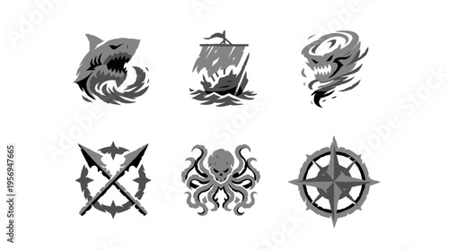 Viewing six grayscale nautical icons arranged in two rows on a plain backdrop, featuring a shark, sailboat, wave, harpoons, octopus, and compass rose