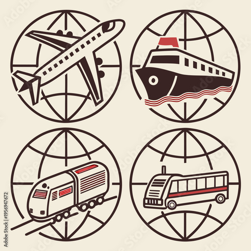 Transportation modes on globe travel airplane ship
