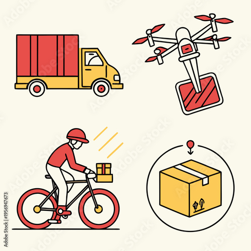 Delivery transportation with truck, drone, cyclist, and package