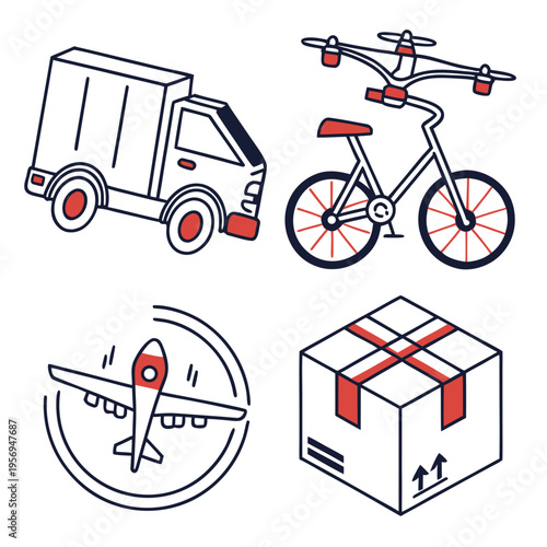 Various delivery with truck, bike, and drone airplane