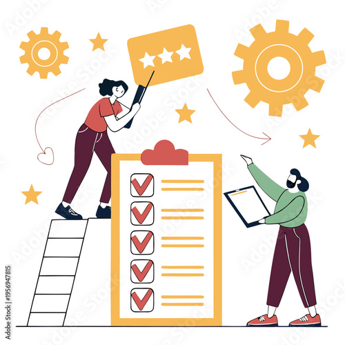 Two people rating and evaluating with stars and checkmarks evaluation