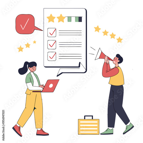 People communicating with a checklist and megaphone and stars communication