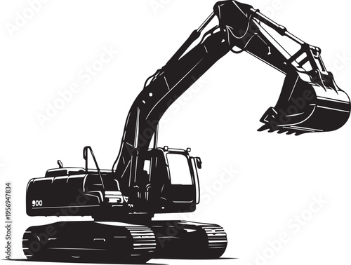 Black excavator machine with arm and bucket isolated white