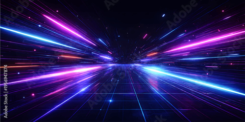 Futuristic Neon Speed Tunnel with Glowing Light Trails and Digital Grid Perspective – High Tech Data Stream Abstract Background. Vector Illustration.