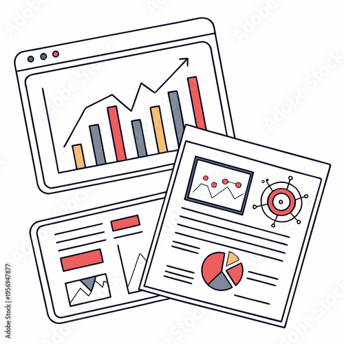 Colorful business graphs and charts on screens and paper