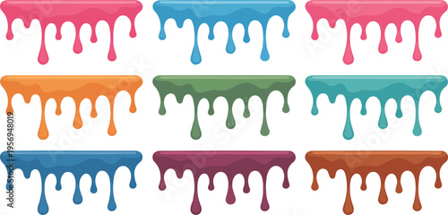 Colorful paint drips set with liquid dripping borders, abstract decorative elements for creative design and artistic illustration