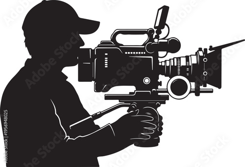 Silhouette of a cameraman filming with a large camera