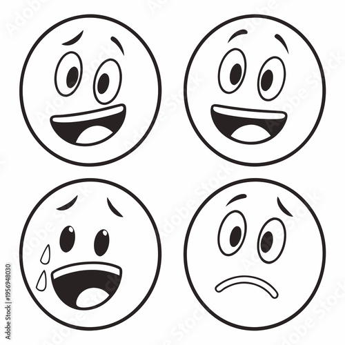 Four emoticon faces with different expressions emotions smile