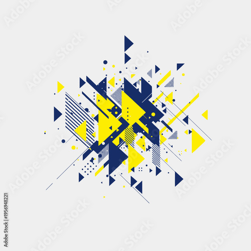 Abstract geometric explosion of blue and yellow shapes on white background