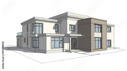 A modern two-story house with large windows and a brown accent wall is shown in an architectural illustration from an aerial perspective.