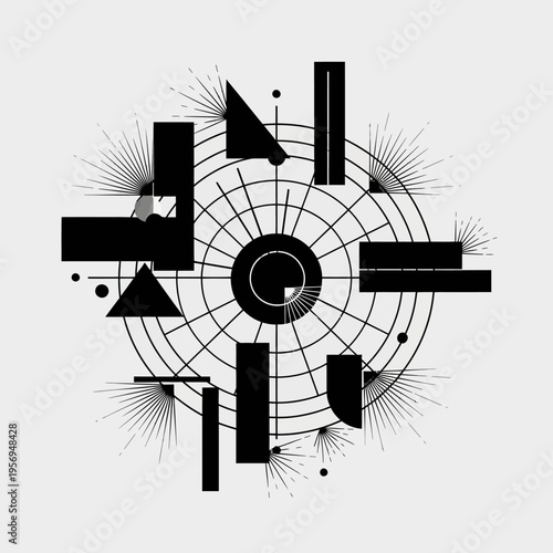 Abstract Geometric Composition with Radial Lines and Shapes
