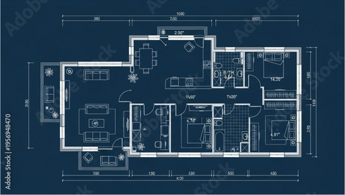 A detailed architectural blueprint of a large building layout is shown overhead indoors