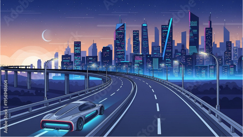 A futuristic car speeds down a highway in a cityscape at dusk with skyscrapers and a crescent moon.