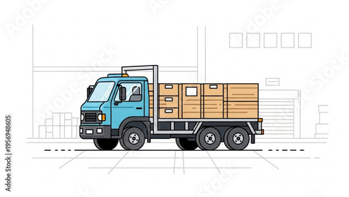 A blue truck transports wooden crates on a city street with buildings.