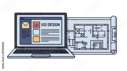 A graphic designer works on UI design using a laptop and blueprint nearby.