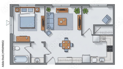 A floor plan illustration of a modern living space with furniture and plants