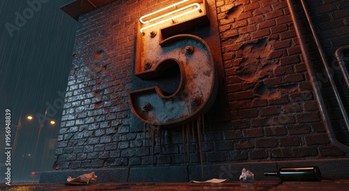 Neon Number Five on Brick Wall.