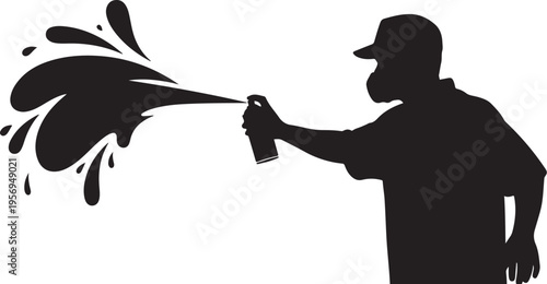 Man spraying paint from can in black silhouette style