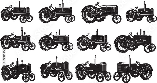 Vintage Tractor Illustrations in Black and White Color Scheme