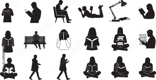 Set of People Reading Books Silhouettes Icons
