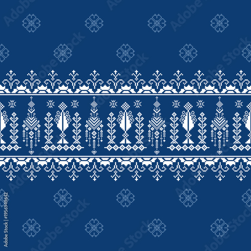Complex white geometric and plant-like pixel art patterns on an indigo blue field, inspired by traditional ethnic weaving. Great for textile borders.
