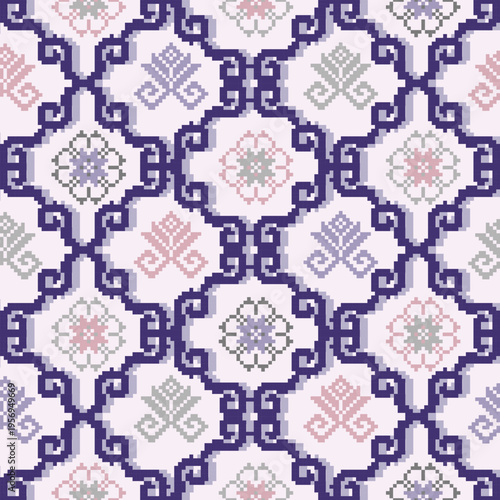 Detailed repeating pixel art grid pattern with intricate folk motifs in soft lavender, purple, and pastel tones. Ideal for vector backgrounds.