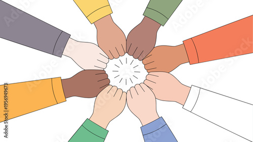 Close Up of Diverse People Joining Fists in a Circle, Concept of Strong Team Unity, Multiethnic Group Cooperation, Business Partnership Success, and Solidarity Support Vector Illustration