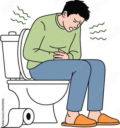 Man Sitting on Toilet with Severe Stomach Pain and Diarrhea, Concept of Food Poisoning, Gastrointestinal Infection, Irritable Bowel Syndrome Symptoms, and Digestive Health Problems Vector Illustration