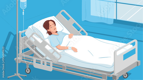 Patient Young Woman Lying in Hospital Bed with IV Drip, Concept of Medical Treatment, Clinical Recovery Process, Healthcare Hospitalization, and Patient Wellness Monitoring Vector Illustration
