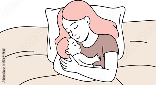 Peaceful Mother Sleeping and Cuddling her Newborn Baby in Bed, Concept of Maternal Love, Parental Bond, Infant Care, and New Parent Exhaustion Vector Illustration