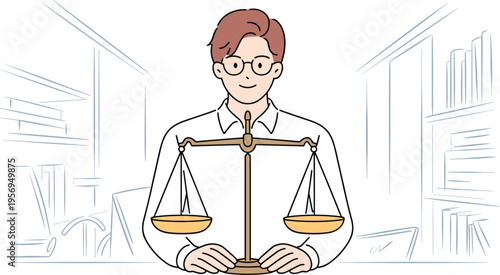 Professional Judge or Lawyer Holding a Scale of Justice in an Office, Concept of Legal System Integrity, Judicial Equality, Law Firm Advocacy, and Ethical Balance Vector Illustration