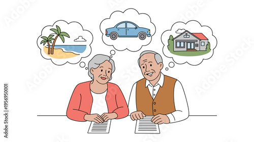 Smiling Senior Couple Planning Future Retirement, Concept of Financial Security for Elderly, Dreaming of Travel and Real Estate Investment, and Pension Fund Management Vector Illustration