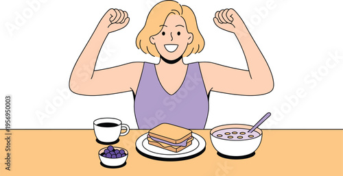 Smiling Woman Celebrating a Healthy Breakfast with Coffee, Sandwich, and Oatmeal, Concept of Morning Energy, Nutritious Start, Balanced Diet, and Wellness Lifestyle Vector Illustration
