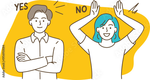 Smiling Young Man and Woman Making Yes and No Gestures, Concept of Decision Making, Opinion Polling, Voting Choices, and Non-Verbal Communication Agreement or Disagreement Vector Illustration