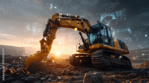 Heavy Excavator Machinery in Action at Construction Site with Futuristic Digital Interface Overlay at Sunset