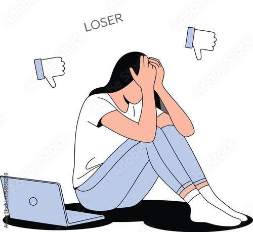 Stressed Young Woman Crying from Cyberbullying and Online Harassment, Concept of Negative Social Media Impact, Digital Hate Speech, Mental Health Victim, and Psychological Trauma Vector Illustration