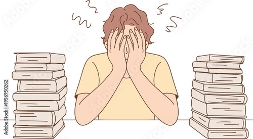 PrintStressed Male Student Overwhelmed by Large Piles of Books, Concept of Academic Burnout, Exam Pressure, Mental Fatigue, and Education Stress Vector Illustration