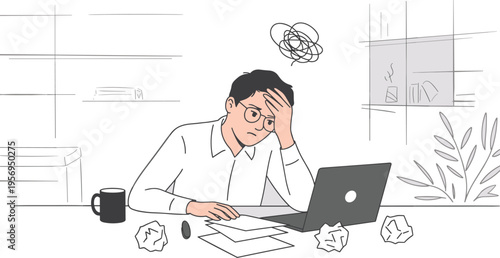 PrintStressed Male Employee Sitting at Office Desk with Laptop and Crumpled Paper, Concept of Workplace Burnout, Professional Deadlines, Mental Exhaustion, and Job Frustration Vector Illustration