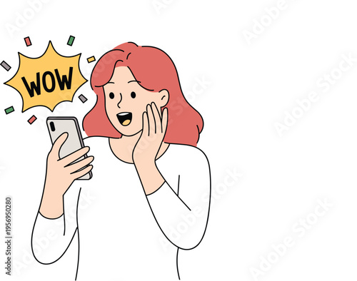 Surprised Young Woman Looking at Smartphone with "WOW" Message, Concept of Shocking News, Amazing Online Discount, Viral Social Media Content, and Digital Communication Wonder Vector Illustration