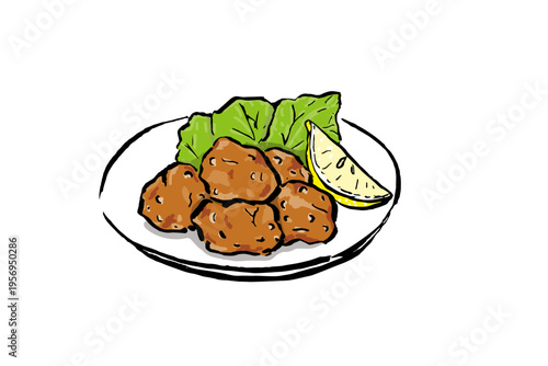 Japanese fried chicken karaage on plate illustration