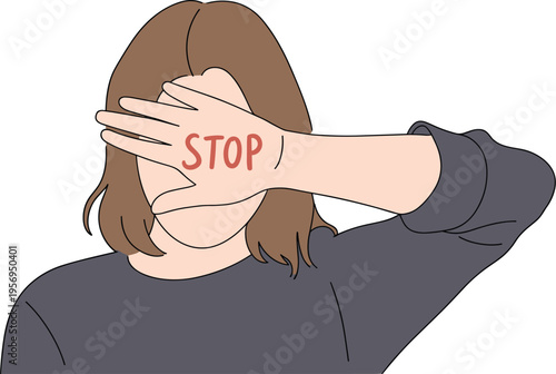 Woman Shielding Her Face with a Hand Inscribed with the Word STOP, Concept of Refusal, Defending Personal Boundaries, Ending Harassment, and Social Awareness Against Abuse Vector Illustration