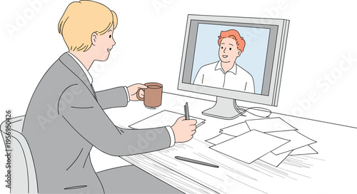 Young Professional Having an Online Business Meeting via Video Call, Concept of Remote Work, Digital Communication, Virtual Collaboration, and Telecommuting Lifestyle Vector Illustration