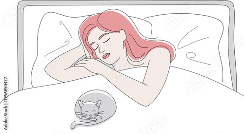 Young Woman with Pink Hair Sleeping Peacefully in Bed with a Small Cat, Concept of Restful Sleep, Pet Companionship, Comfort, and Home Relaxation Vector Illustration