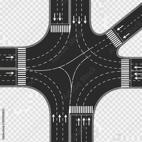 Top view of a complex road intersection with traffic lights and crosswalks, urban infrastructure