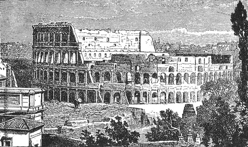 Bild auf Leinwand Ruins of the Colosseum in Rome as seen from the Palatine Hill, ancient weathered amphitheater with historical surroundings, old vintage illustration, 1898