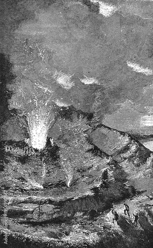 Crater of Mount Vesuvius during eruption, fiery bursts and smoke, observers near the crater, rocky terrain under cloudy sky, old vintage illustration, 1898.