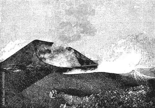 Crater of Mount Etna, volcanic eruption with smoke billowing from the summit, rugged volcanic landscape, old vintage illustration, 1898.