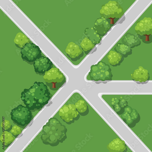 Top view of a green park intersection with trees and bushes, crossroads, aerial view