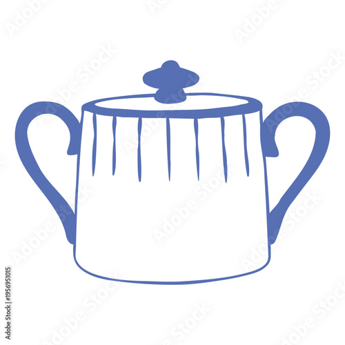 Cute whimsical hand drawn sugar bowl in Mediterranean ceramic style. Cozy kitchen doodle illustration perfect for tea sets, cafe branding, menu design and food themed graphics.