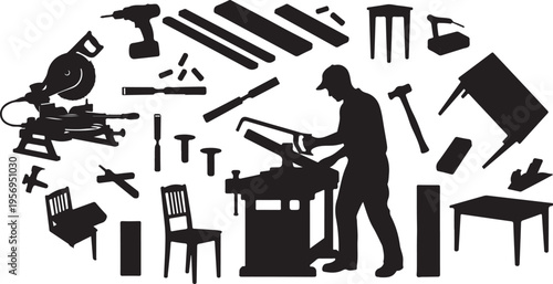 Silhouette of a carpenter with various tools and furniture